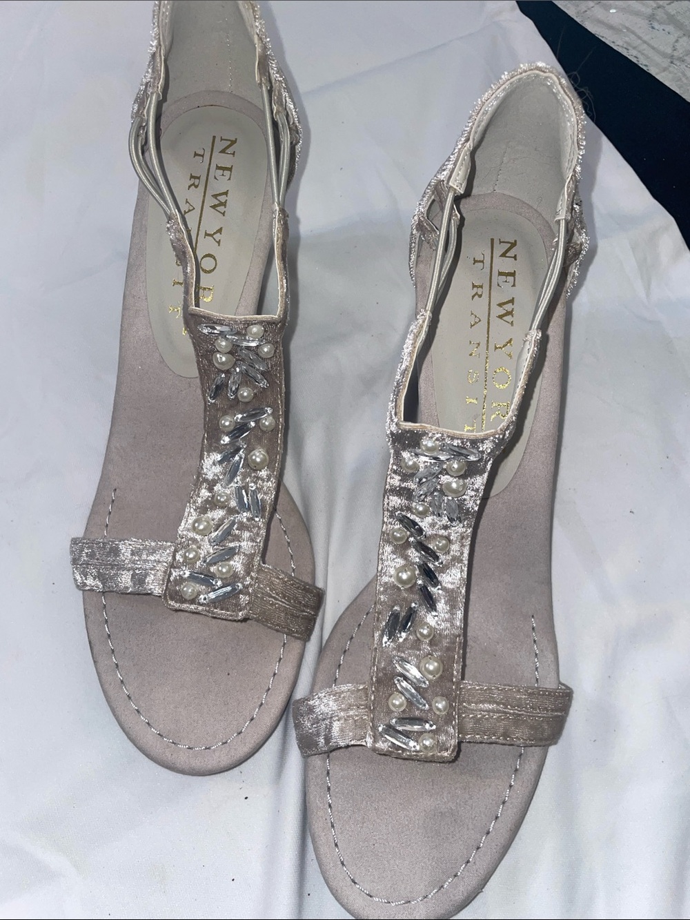 New York Transit Beaded Taupe Velvet Slingback Sandals